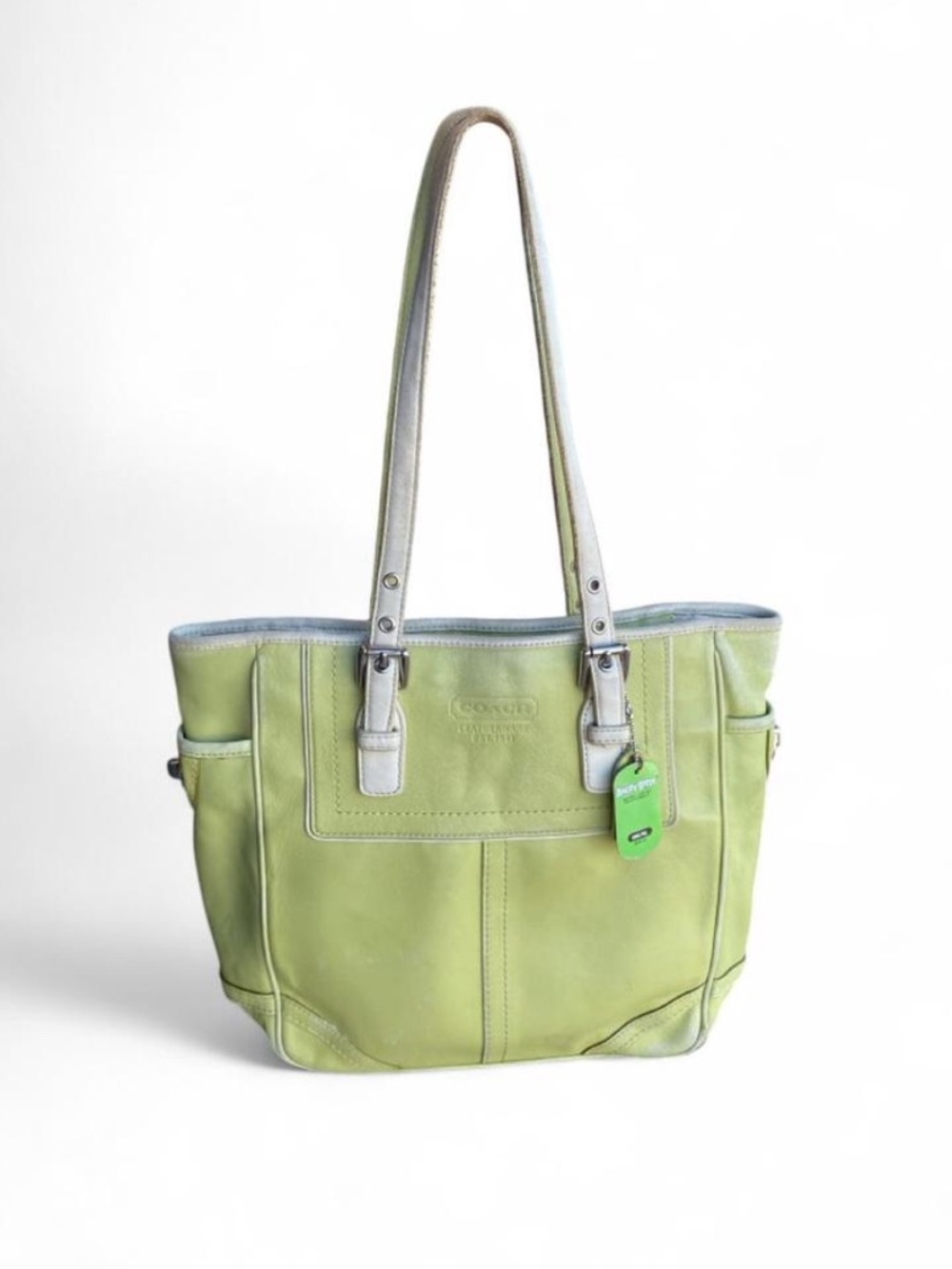 Coach Light Green Leather Tote with Contrast Trim, Hampton styled